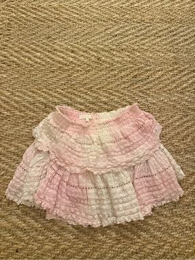 LoveShackFancy Pink and White Tiered Eyelet Mini Skirt